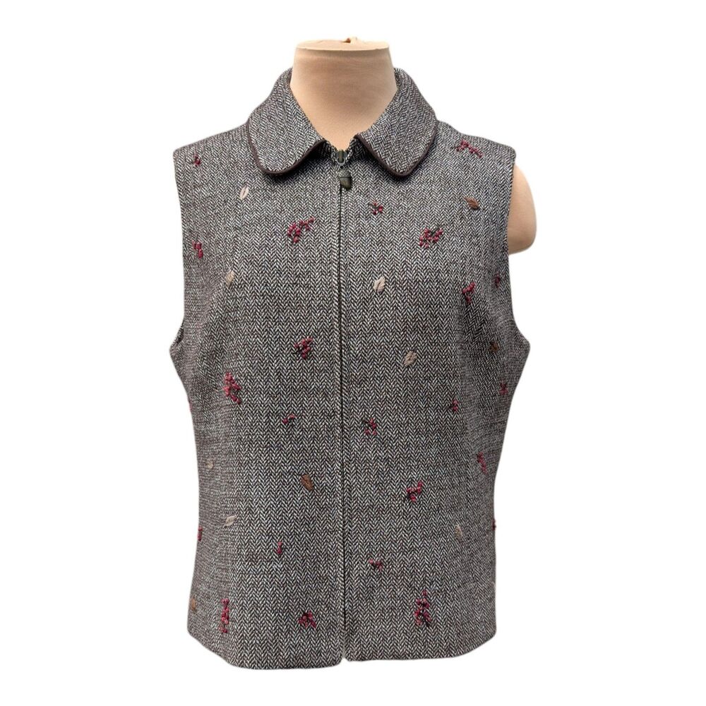 Talbots Women's Medium Vest Wool Blend Embroidered Full Zipper Herringbone Fall